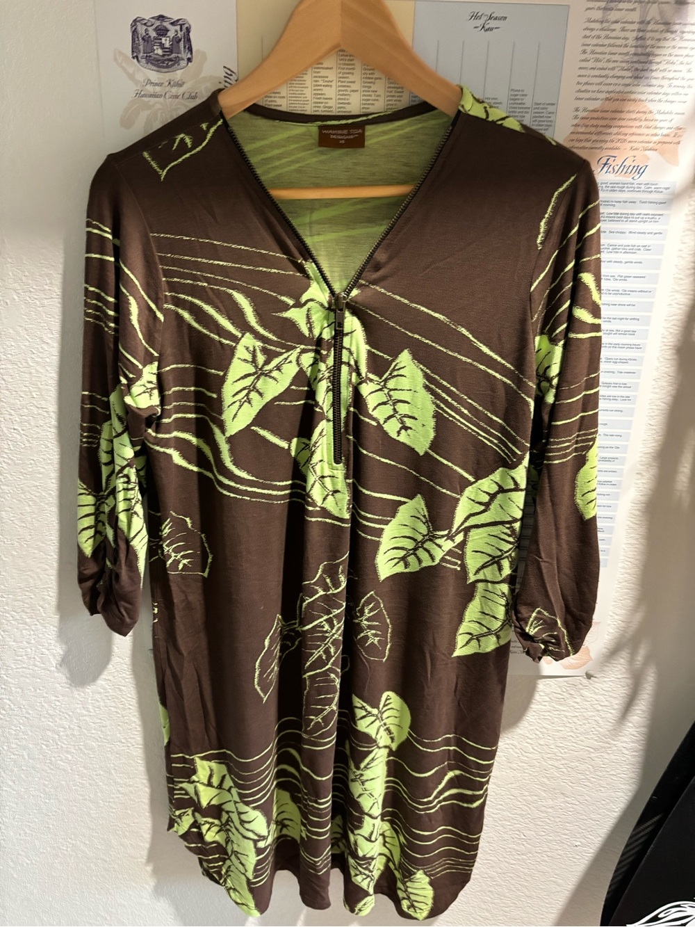 Wahine Toa Designs Brown with Lime Green Kalo Print shirt dress